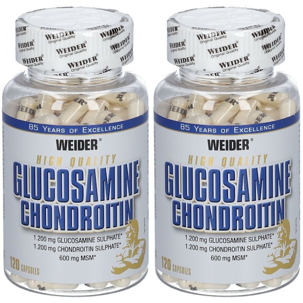 Zwei Flaschen mit Kapseln. Aufschrift: Weider Glucosamine Chondroitin. Enthält 120 Kapseln. Mit Aufdrucken und Siegeln.