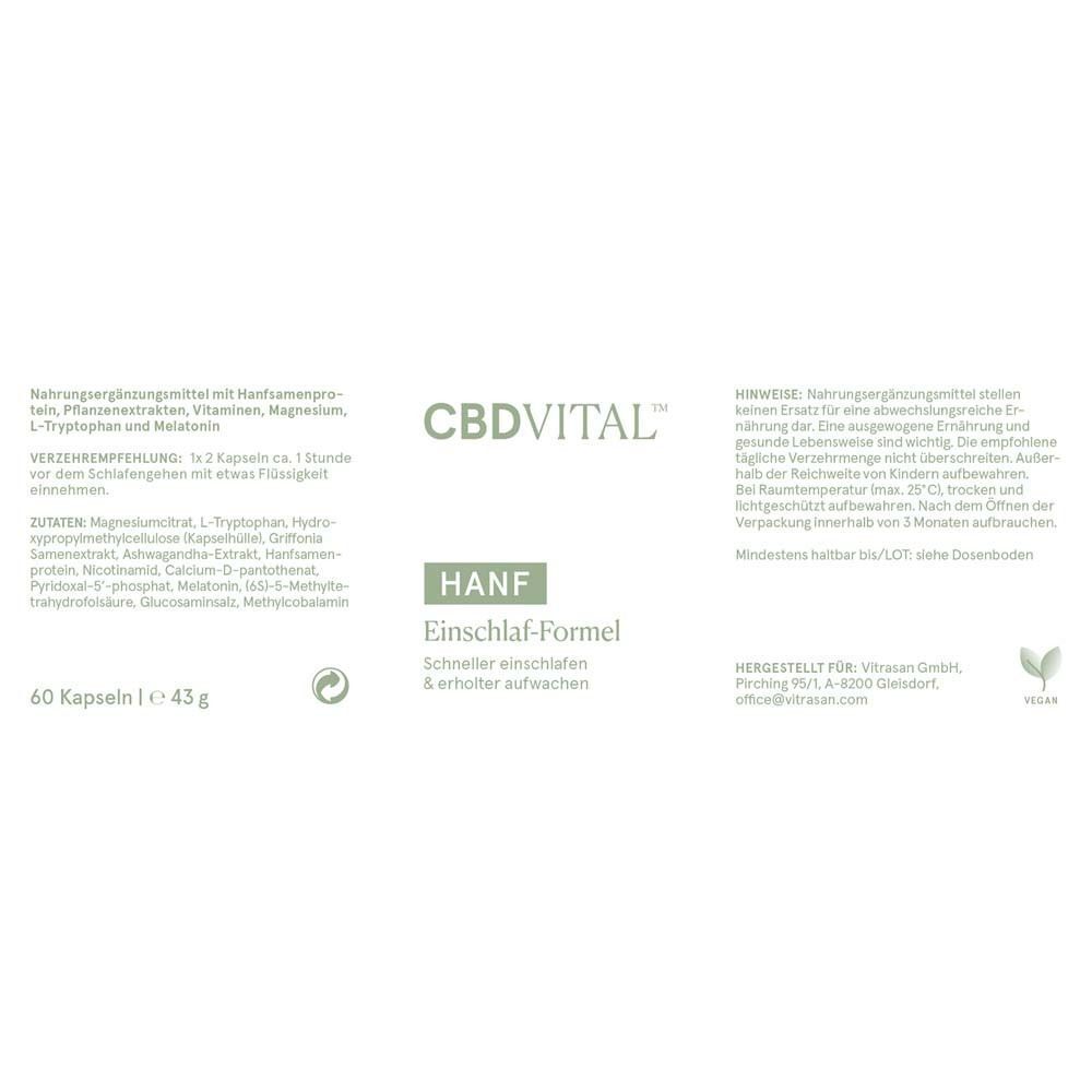 Weiße Verpackung mit CBDVITAL-Logo und Produktbezeichnung Hanf Einschlaf-Formel. Enthält 60 Kapseln. Vegan.