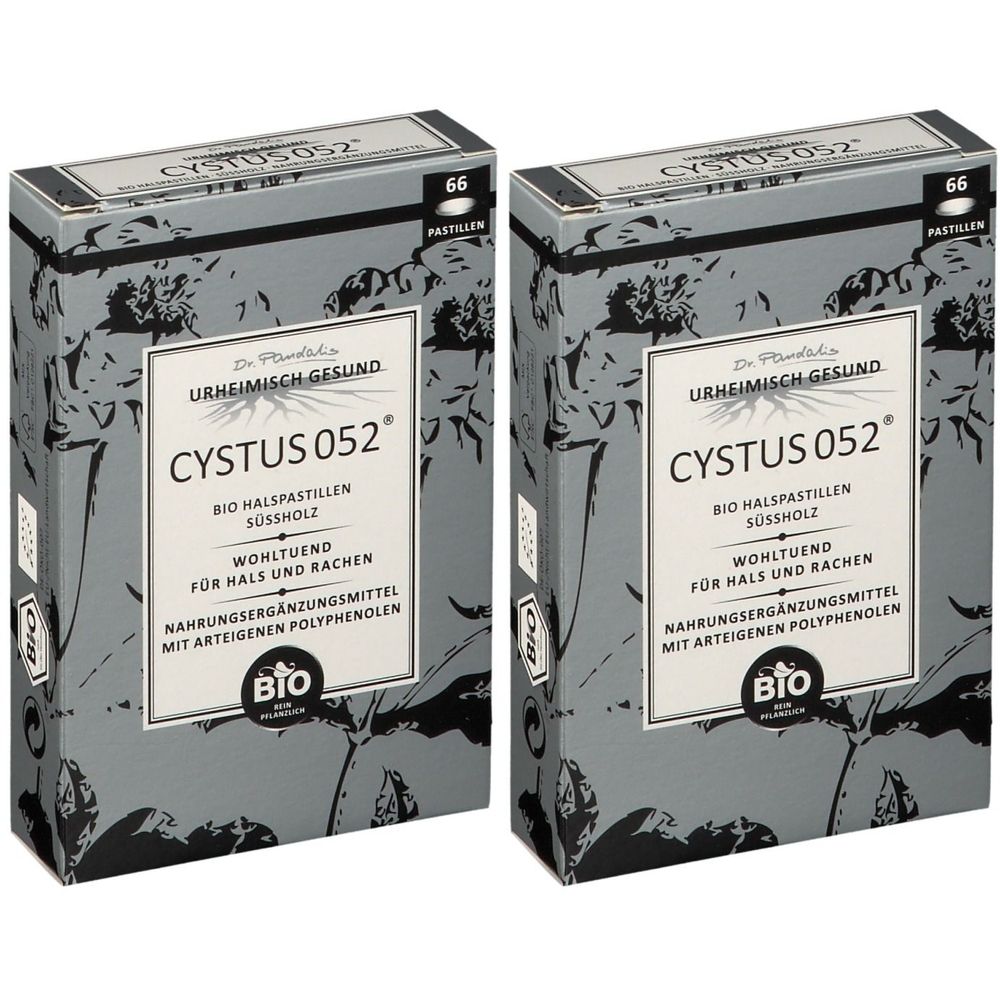 Zwei graue Schachteln mit "CYSTUS 052" Aufschrift. Enthält 66 Pastillen. Bio-Zertifizierung. Text: "Wohlfühlend für Hals und Rachen".