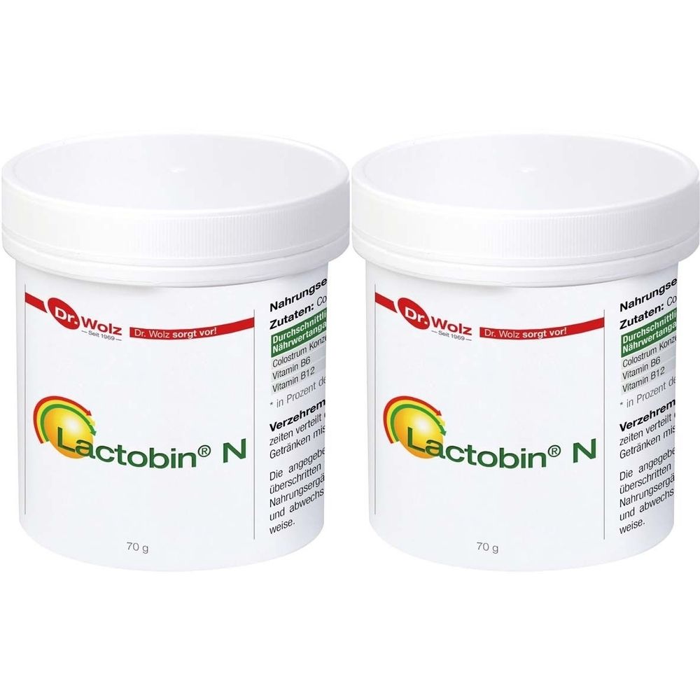 Zwei weiße Dosen mit dem Produktnamen Lactobin® N. Aufschrift: Dr. Wolz. Jede Dose enthält 70 g. Roter und grüner Aufdruck.