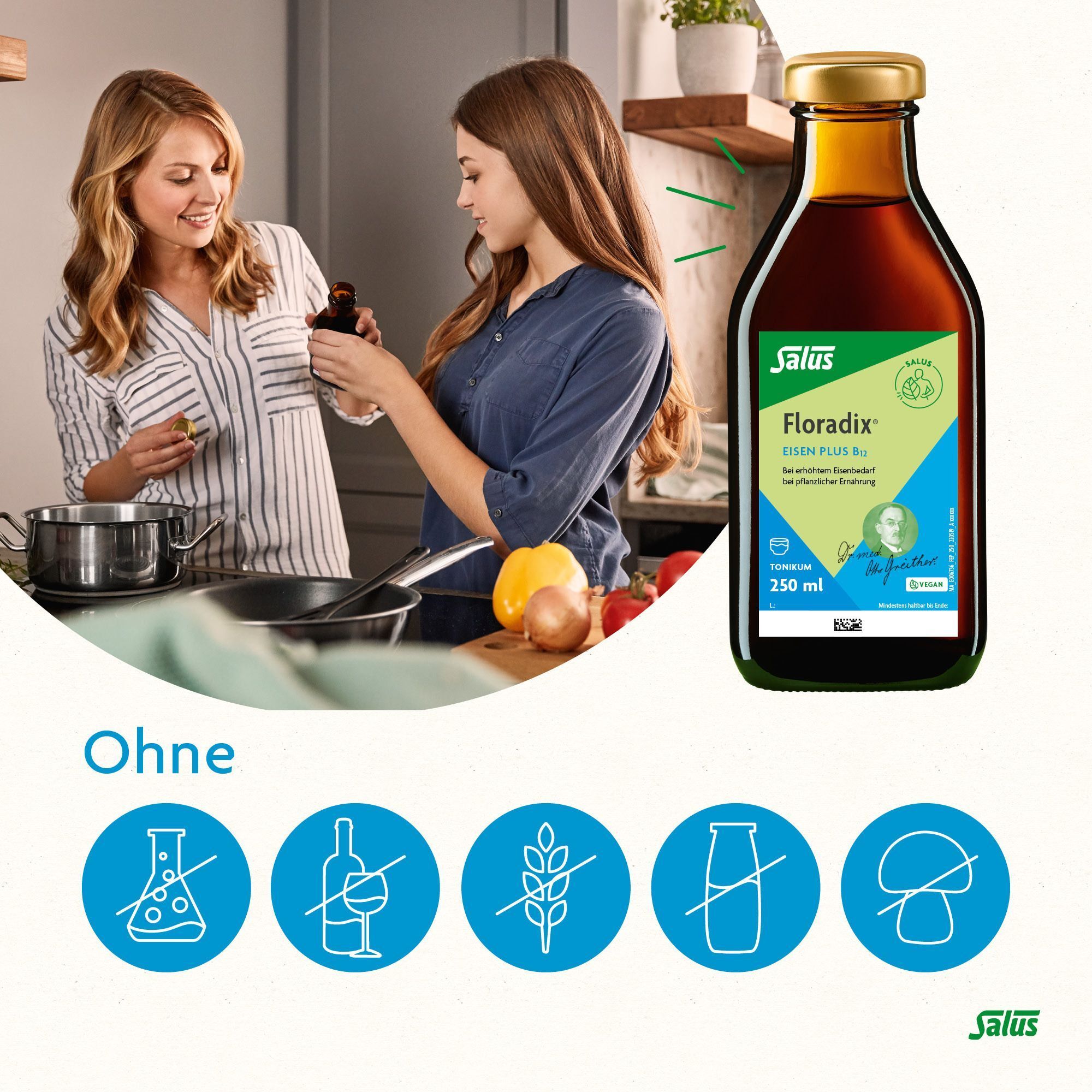 Salus® Floradix® Eisen plus B12 Flasche. Frauen in der Küche. Symbole: ohne Alkohol, Gluten, Laktose, Hefe.