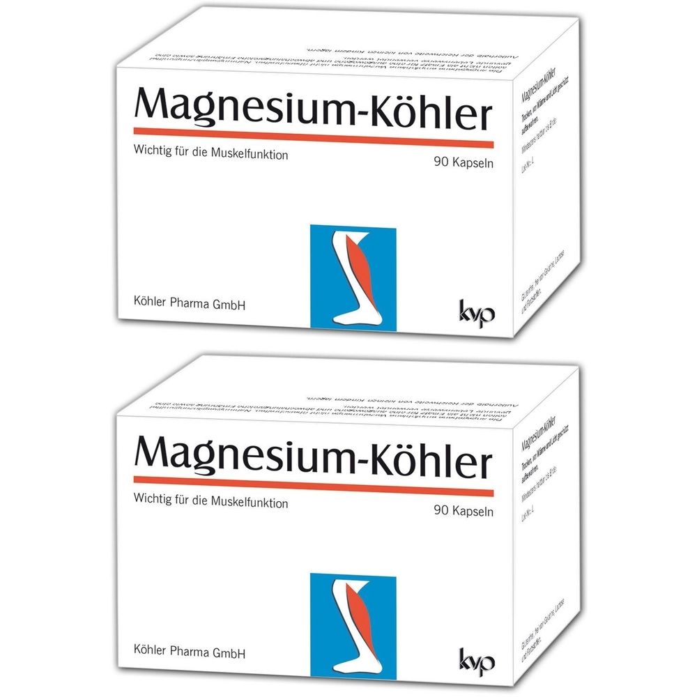 Zwei weiße Kartons mit „Magnesium-Köhler“-Aufdruck. Text: „Wichtig für die Muskelfunktion“, „90 Kapseln“. Logo: Bein mit Muskel.