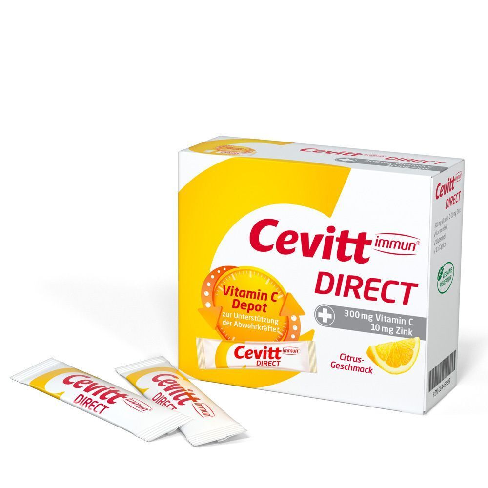 Verpackung von Cevitt immun® Direct Pellets. Enthält Vitamin C und Zink. Mit Zitrus-Geschmack. Aufdrucke: Cevitt, Direct, immun.