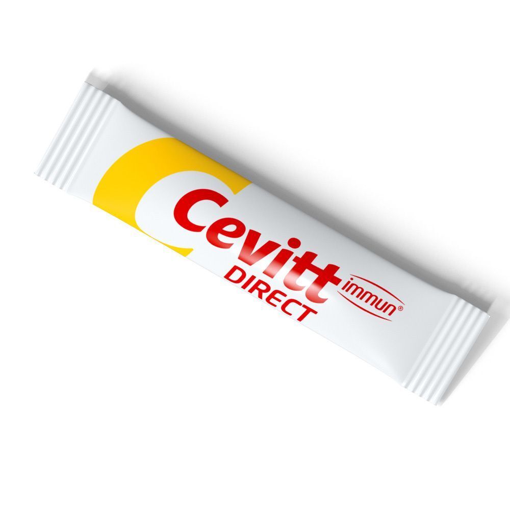 Einzelner Beutel Cevitt immun® Direct Pellets. Aufdrucke: Cevitt, Direct, immun. Gelb-weißes Design.
