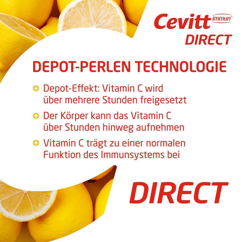 Text mit Zitronen-Hintergrund. Depot-Perlen Technologie. Vitamin C wird über Stunden freigesetzt. Der Körper kann Vitamin C aufnehmen.