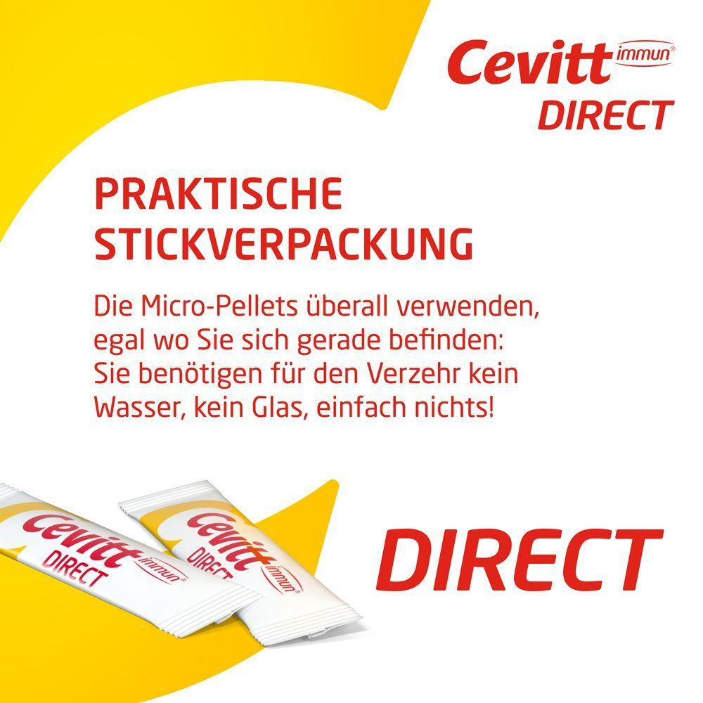 Text mit gelbem Hintergrund. Praktische Stickverpackung. Micro-Pellets überall verwendbar. Kein Wasser, Glas nötig.