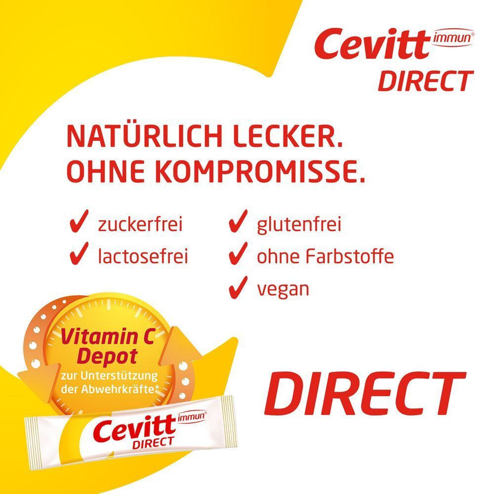 Text mit gelbem Hintergrund. Zuckerfrei, glutenfrei, lactosefrei, ohne Farbstoffe, vegan. Mit Vitamin C Depot.