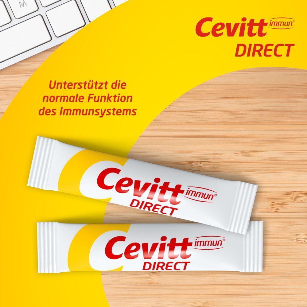 Text mit gelbem Hintergrund. Unterstützt die normale Funktion des Immunsystems. Zwei Beutel Cevitt immun® Direct.