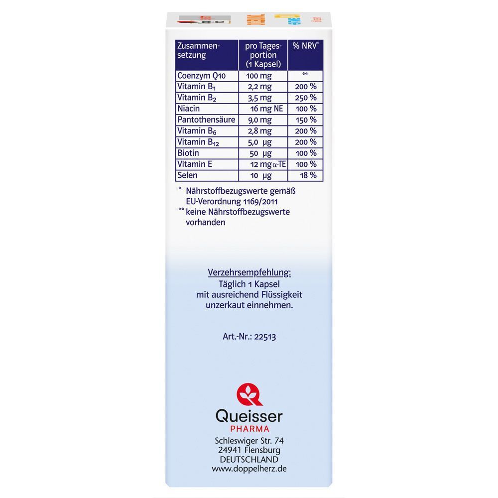 Produktverpackung mit Tabellen. Zusammensetzung: Coenzym Q10, Vitamine B, Niacin, Pantothensäure, Biotin, Selen. Prozentuale Nährwertangaben.