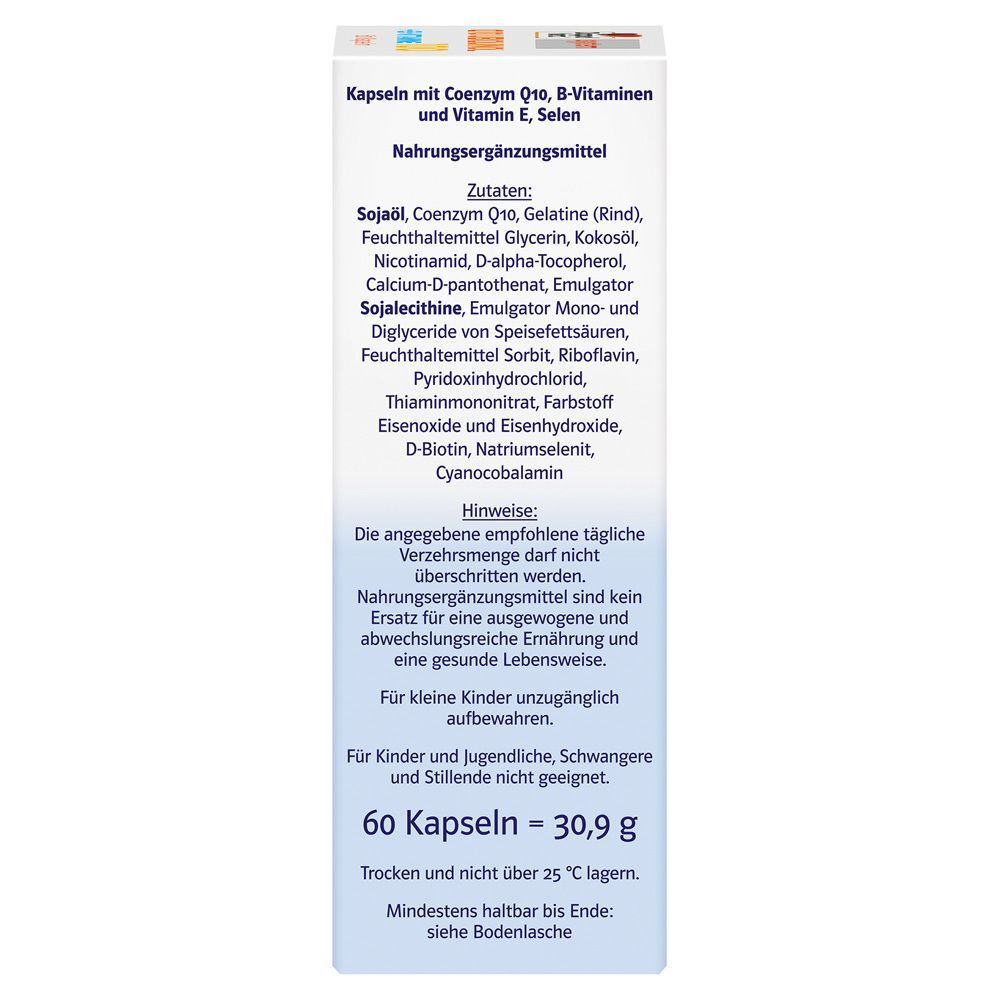 Produktverpackung mit Text. Kapseln mit Coenzym Q10, B-Vitaminen und Vitamin E, 60 Kapseln. Zutatenliste, Hinweise, Herstellerinformationen.