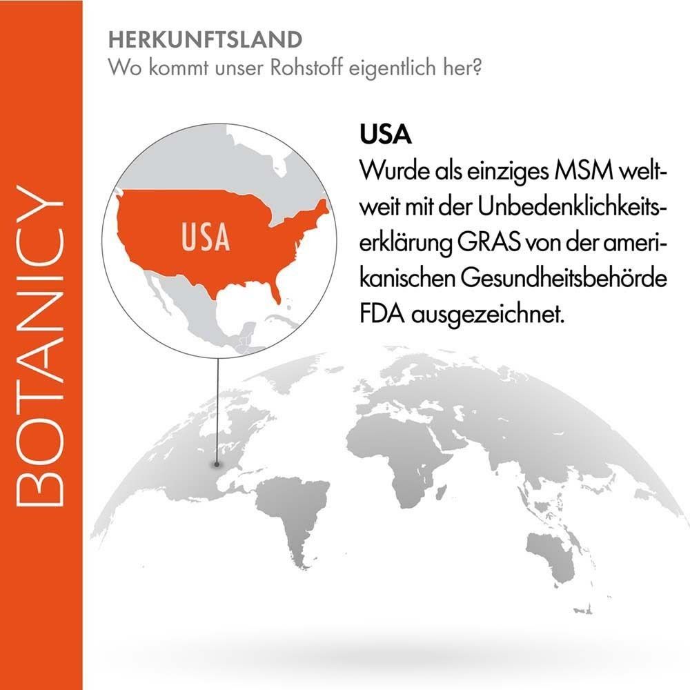 Landkarte der USA, hervorgehoben. Text: USA, MSM-Quelle mit GRAS-Zertifizierung der FDA.