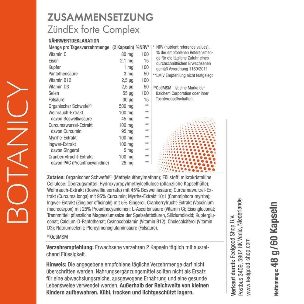 Nährwerttabelle von ZündEx forte Complex. Inhaltsstoffe: Vitamine, Mineralien, MSM, Kräuterextrakte. Empfohlene Tagesdosis: 2 Kapseln.