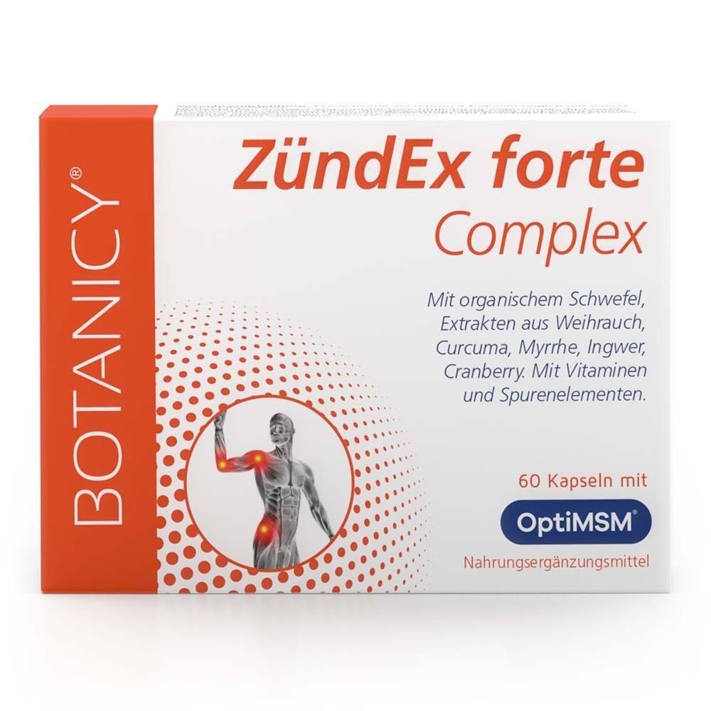 ZündEx forte Complex Packung. 60 Kapseln. Enthält OptiMSM. Nahrungsergänzungsmittel. Abbildung einer Person mit Schmerzen im Arm.