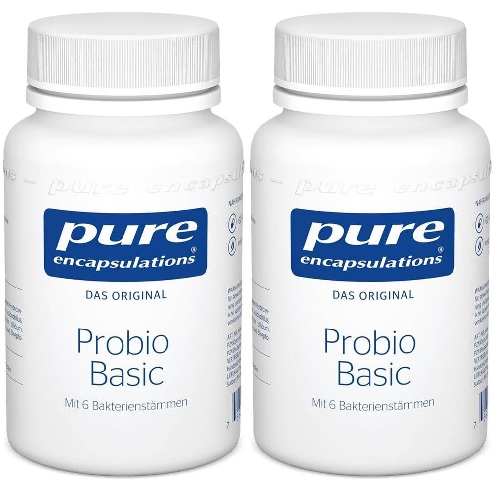 Zwei weiße Flaschen mit Schraubverschluss. Aufschrift: pure encapsulations, Probio Basic. Mit 6 Bakterienstämmen. Das Original.