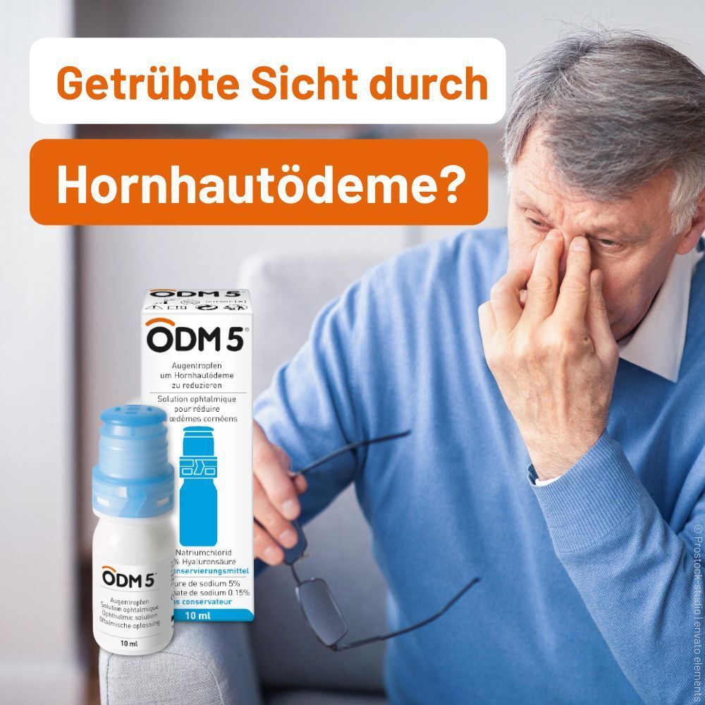 Mann mit Augen. ODM 5® Tropffläschchen und Verpackung. Text: Getrübte Sicht durch Hornhautödeme?