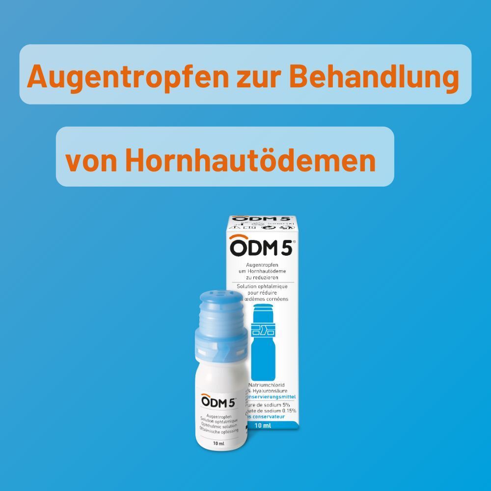 ODM 5® Tropffläschchen und Verpackung. Text: Augentropfen zur Behandlung von Hornhautödemen.
