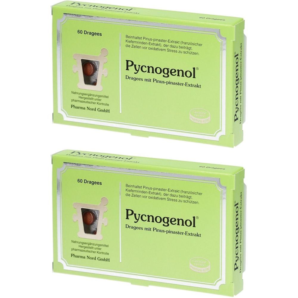 Zwei grüne Schachteln mit Pycnogenol-Dragees. Aufschrift: 60 Dragees. Produktname und Inhaltsstoffe sind aufgedruckt. Pharma Nord GmbH.