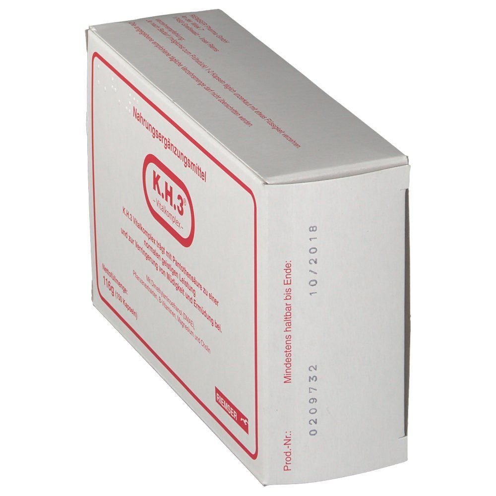 Eine weiße Kartonverpackung für Nahrungsergänzungsmittel K.H.3 mit rotem Aufdruck.