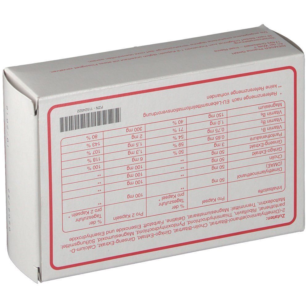 Verpackung mit Nährwertangaben und Inhaltsstoffen für Nahrungsergänzungsmittel.