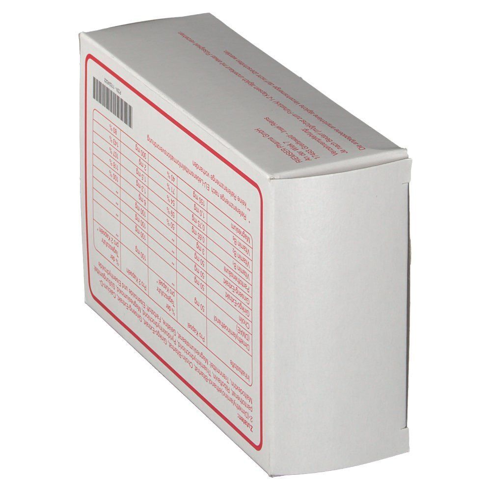 Weiße rechteckige Verpackung mit rotem Rahmen und Text. Barcode auf der linken Seite. Winkelansicht.