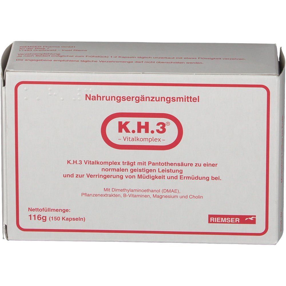 Verpackung K.H.3 Vitalkomplex mit Hinweisen zu Pantothensäure und DMAE.