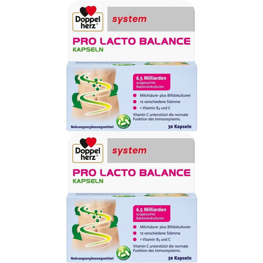 Zwei Packungen Doppelherz Pro Lacto Balance Kapseln. Aufschrift: 6,5 Milliarden Bakterienkulturen, 30 Kapseln. Enthält Vitamin B2 und C.