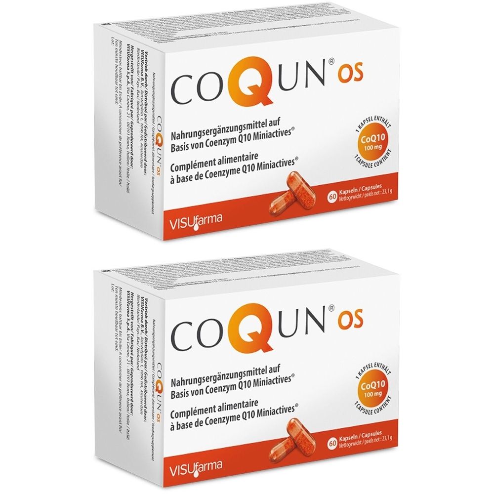 Zwei Schachteln COQUN os. Aufschrift: Nahrungsergänzungsmittel mit Coenzym Q10 Miniactives. Enthält 60 Kapseln. VISUfarma.