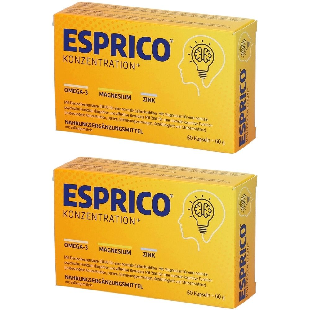 Zwei gelbe Schachteln mit der Aufschrift ESPRICO KONZENTRATION+. Enthält Omega-3, Magnesium und Zink. 60 Kapseln.