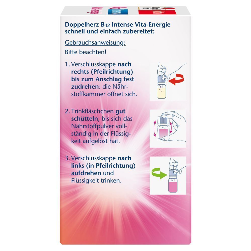 Seitenansicht einer Doppelherz B12 Intense Vita-Energie Packung mit detaillierter Gebrauchsanweisung.