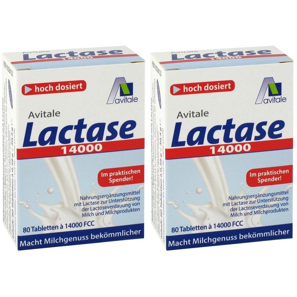 Zwei Kartons Avitale Lactase 14000. Aufschrift: hoch dosiert, 80 Tabletten, macht Milchgenuss bekömmlicher. Weiße Verpackung mit blauem und rotem Text.