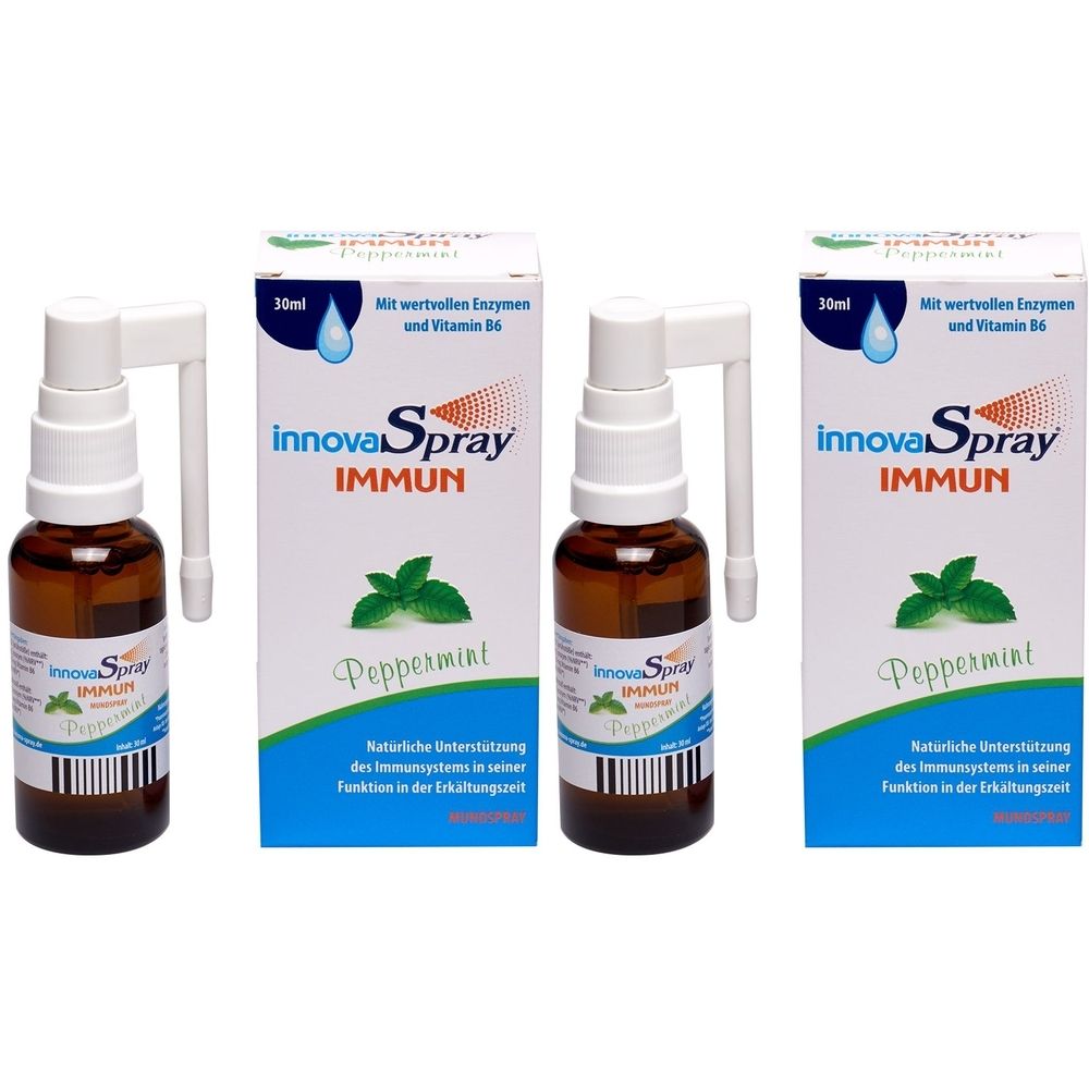 Drei Flaschen mit Sprühkopf und drei Kartons. Auf den Kartons steht "innovaSpray IMMUN Peppermint".