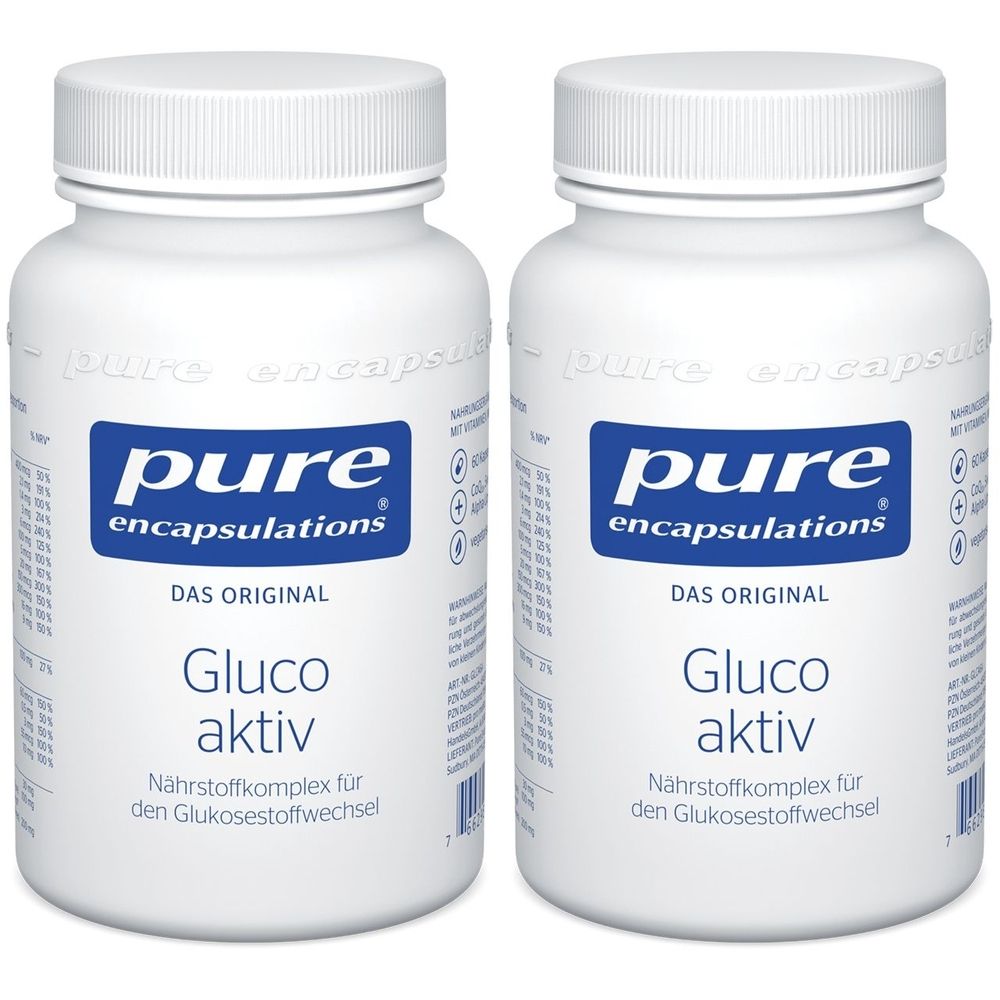 Zwei weiße Flaschen mit blauen Etiketten. Aufschrift: Pure Encapsulations, Gluco aktiv. Text in deutscher Sprache.