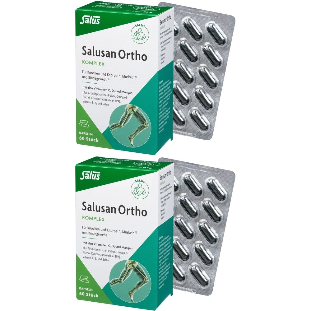 Zwei Schachteln Salusan Ortho Komplex-Kapseln und zwei Blisterpackungen mit Kapseln. Auf den Schachteln steht "Salus" und "60 Stück".