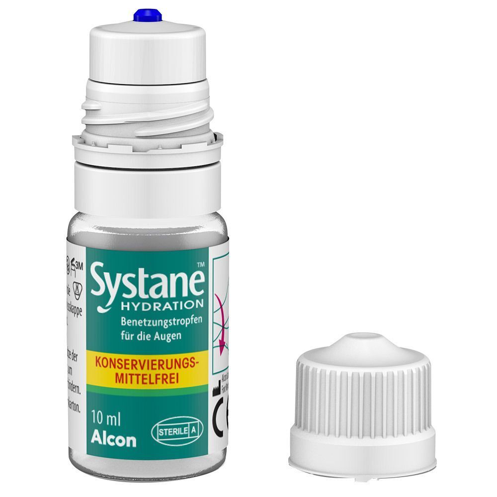 Augentropfen-Fläschchen mit separatem Verschluss. Aufschrift: Systane HYDRATION, Konservierungsmittelfrei, 10 ml. Marke Alcon.