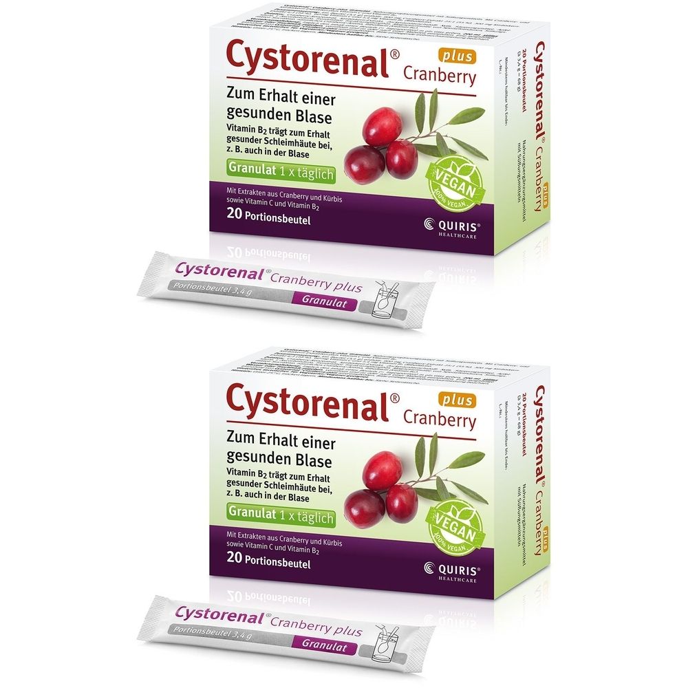Zwei Packungen Cystorenal Cranberry plus. Aufschrift: Granulat, 20 Portionsbeutel, vegan. Einzelne Beutel daneben.