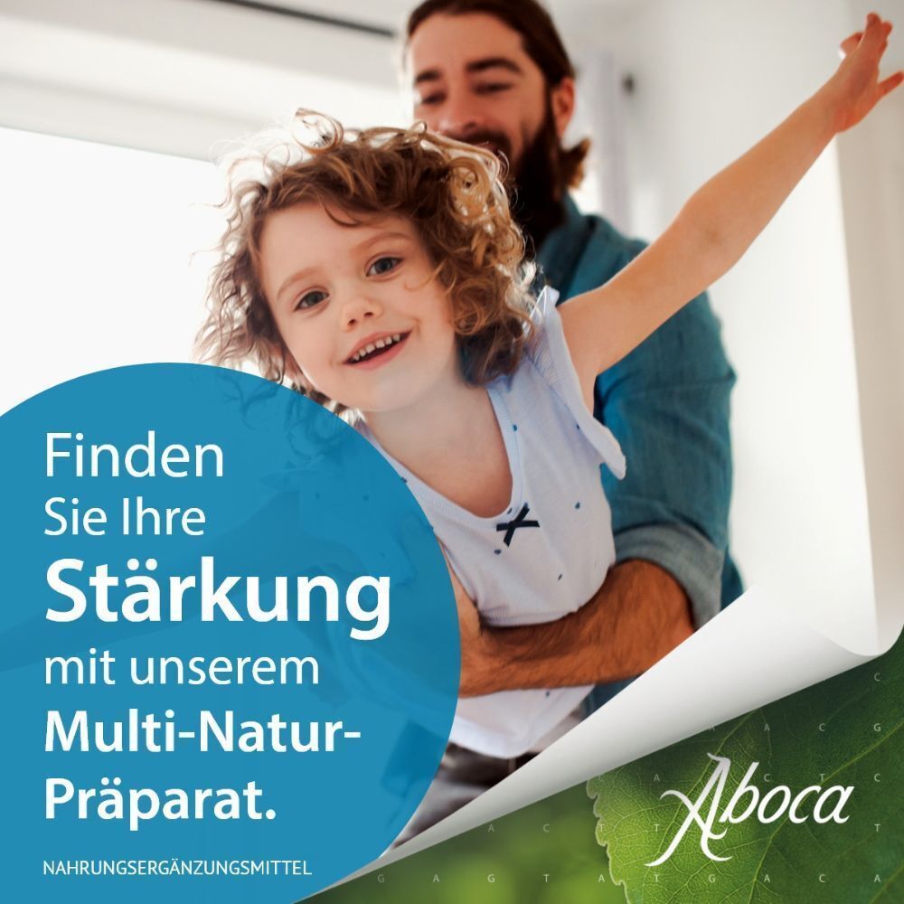 Kind und Mann spielen. Text: Finden Sie Ihre Stärkung mit unserem Multi-Natur-Präparat. Aboca Logo.