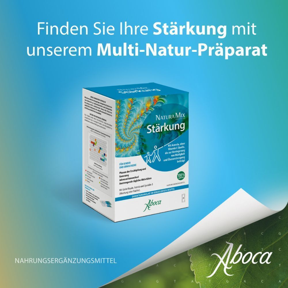 Produktverpackung Natura Mix Stärkung. Text: Finden Sie Ihre Stärkung mit unserem Multi-Natur-Präparat. Aboca Logo.