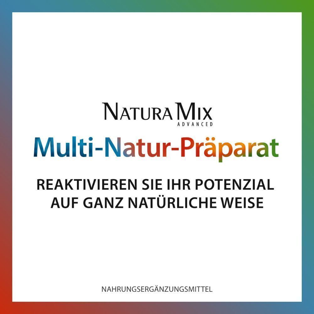 Text: Natura Mix ADVANCED Multi-Natur-Präparat. Reaktivieren Sie Ihr Potenzial auf ganz natürliche Weise. Logo.