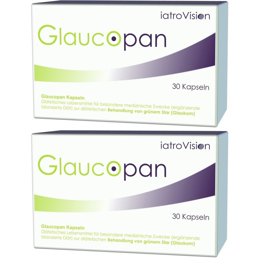 Zwei Schachteln Glaucopan Kapseln. Aufschrift: iatroVision, Glaucopan, 30 Kapseln. Text: Diätetisches Lebensmittel zur Behandlung von grünem Star.