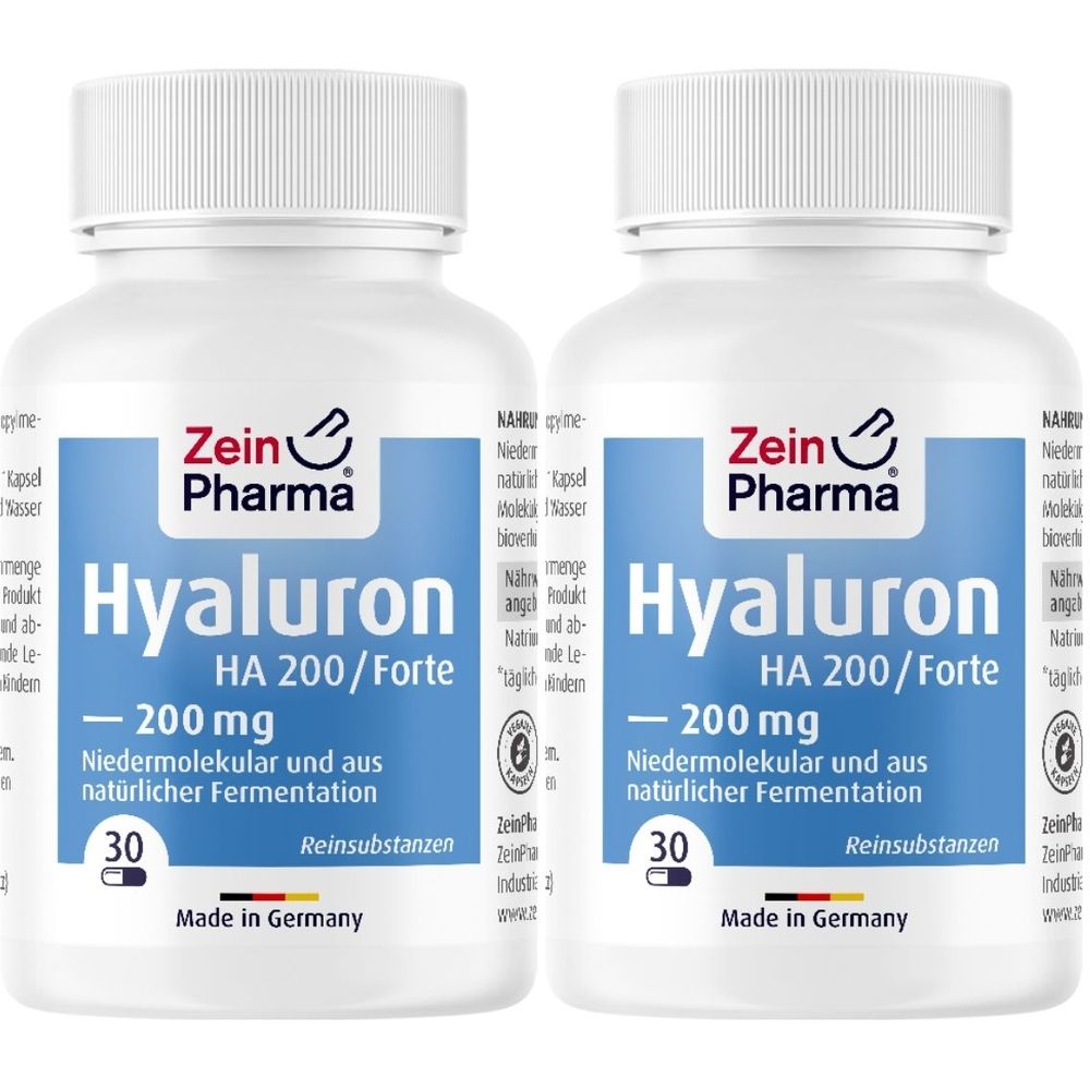 Zwei weiße Flaschen mit blauen Etiketten. Aufschrift: Zein Pharma Hyaluron HA 200/Forte, 200 mg, 30 Kapseln. Hergestellt in Deutschland.