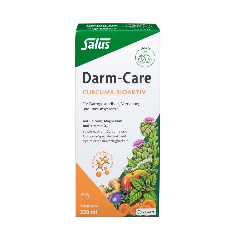 Salus Darm-Care Curcuma Bioaktiv Tonikum 250 ml Verpackung mit Abbildung von Kurkuma und Gemüse.