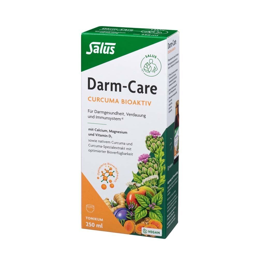 Salus Darm-Care Curcuma Bioaktiv Tonikum 250 ml Verpackung mit Abbildung von Kurkuma und Gemüse.