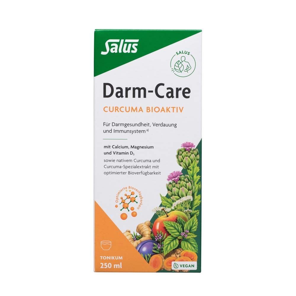 Salus Darm-Care Curcuma Bioaktiv Tonikum 250 ml Verpackung mit Abbildung von Kurkuma und Gemüse.