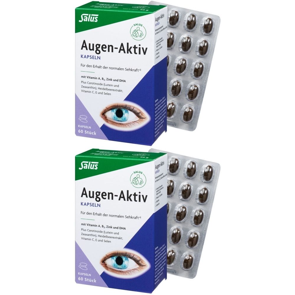 Zwei Packungen Salus Augen-Aktiv Kapseln. Blaue und weiße Schachteln mit Augenabbildung und Blisterpackungen mit Kapseln.