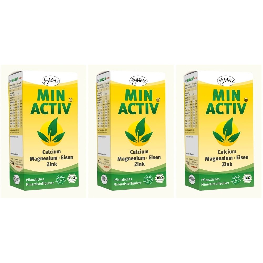 Drei identische Kartons mit MIN ACTIV. Gelb-grüne Verpackung mit Produktnamen, Inhaltsstoffen und Bio-Siegel. Enthält Calcium, Magnesium, Eisen, Zink.