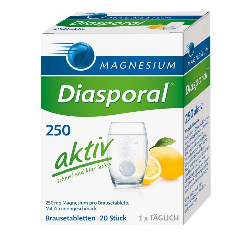 Schachtel mit Magnesium-Diasporal 250 aktiv. Brausetablette in Glas mit Zitrone. Text: Magnesium, Diasporal, 250 aktiv, Brausetabletten.