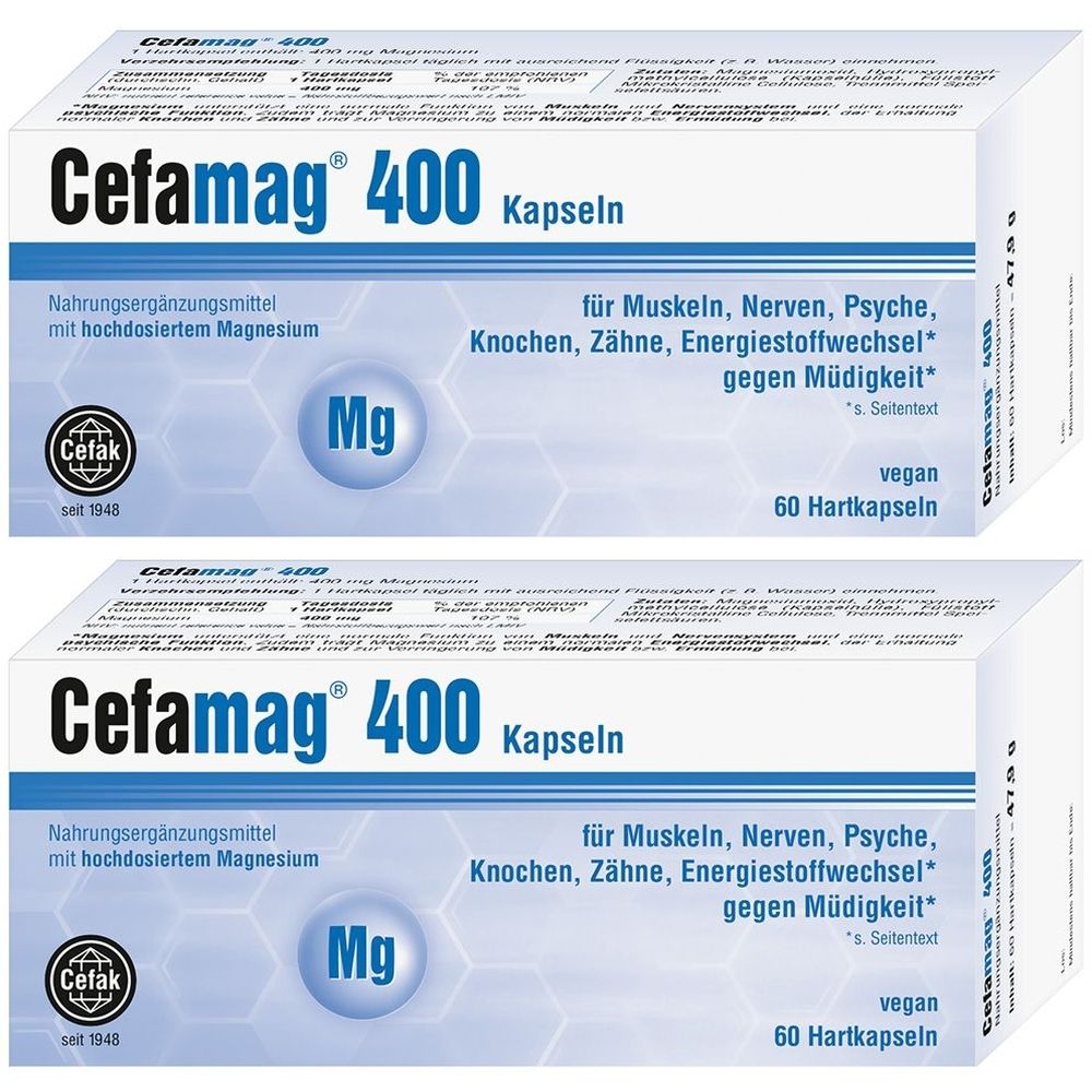 Zwei Schachteln Cefamag® 400 Kapseln. Aufschrift: Nahrungsergänzungsmittel mit Magnesium. Enthält 60 Hartkapseln. Vegan. Marke Cefak.