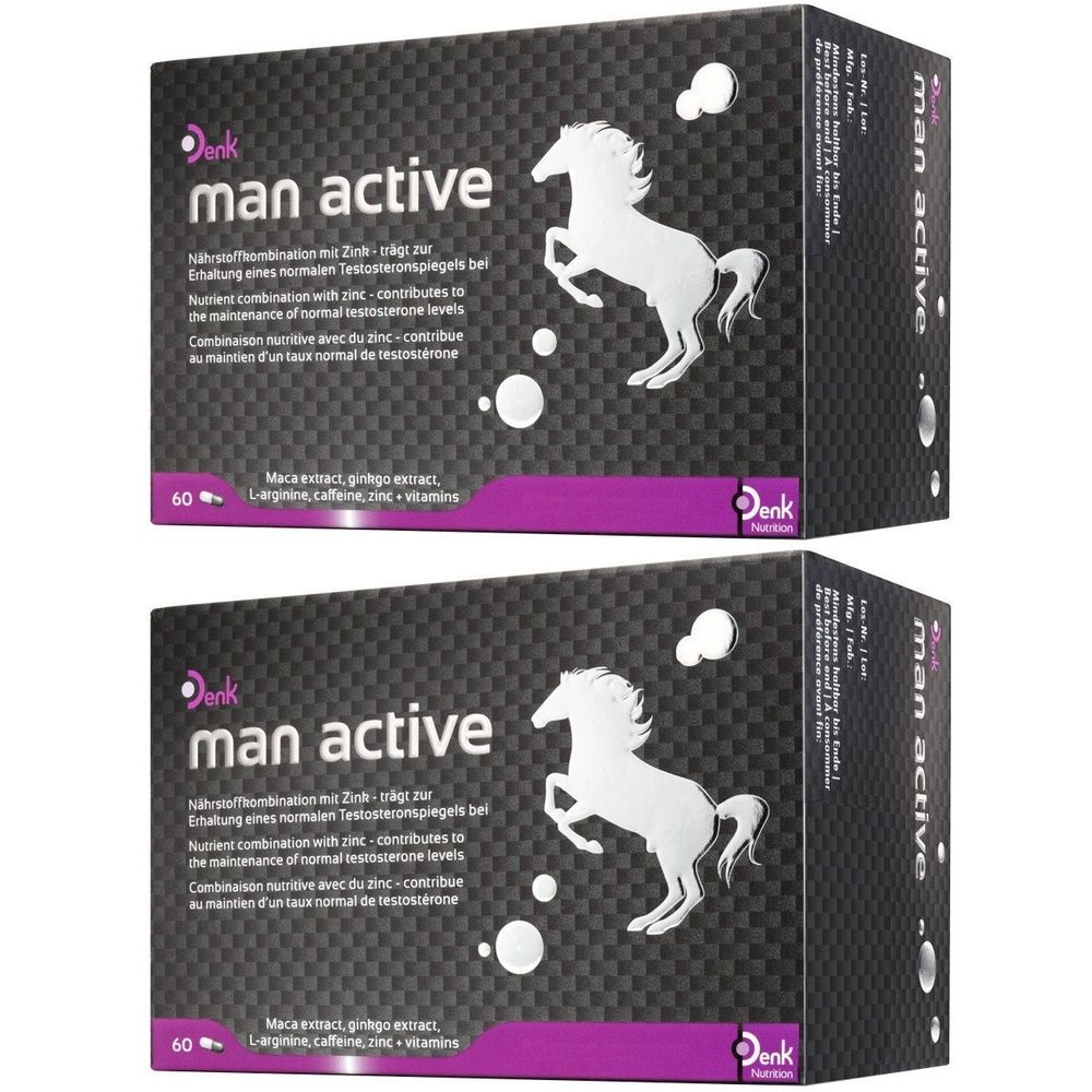 Zwei Schachteln mit "man active"-Aufdruck. Schwarzer Hintergrund mit weißem Pferd. Enthält 60 Tabletten. Marke: Denk.