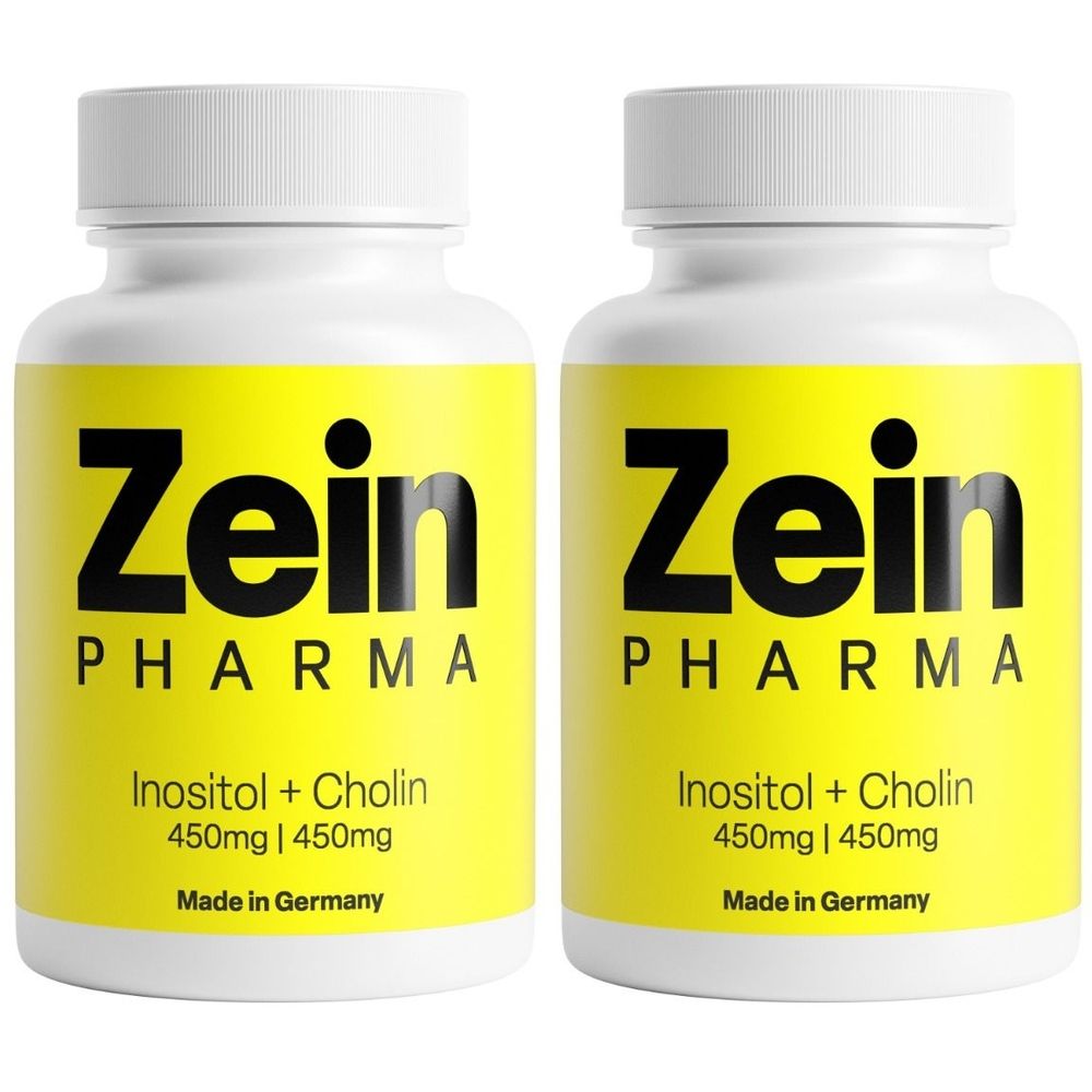 Zwei weiße Flaschen mit gelben Etiketten. Aufschrift: Zein Pharma, Inositol + Cholin 450mg | 450mg, Made in Germany.