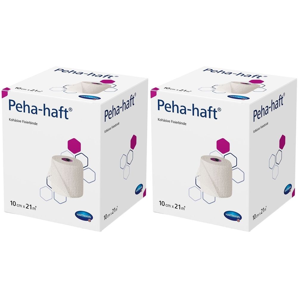 Zwei weiße Kartons mit der Aufschrift Peha-haft. Auf jedem Karton ist eine Rolle Fixierbinde abgebildet. Maße: 10 cm x 21 m.